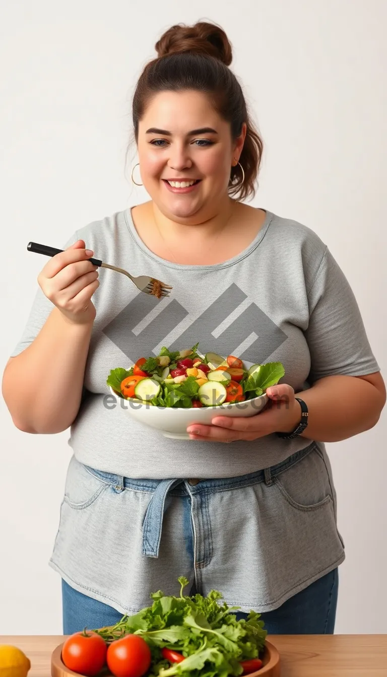 Picture of Healthy Breakfast Salad with Smiling Woman in Kitchen