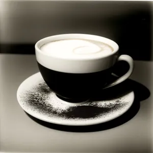 Hot Breakfast with Coffee on Black Porcelain Plate