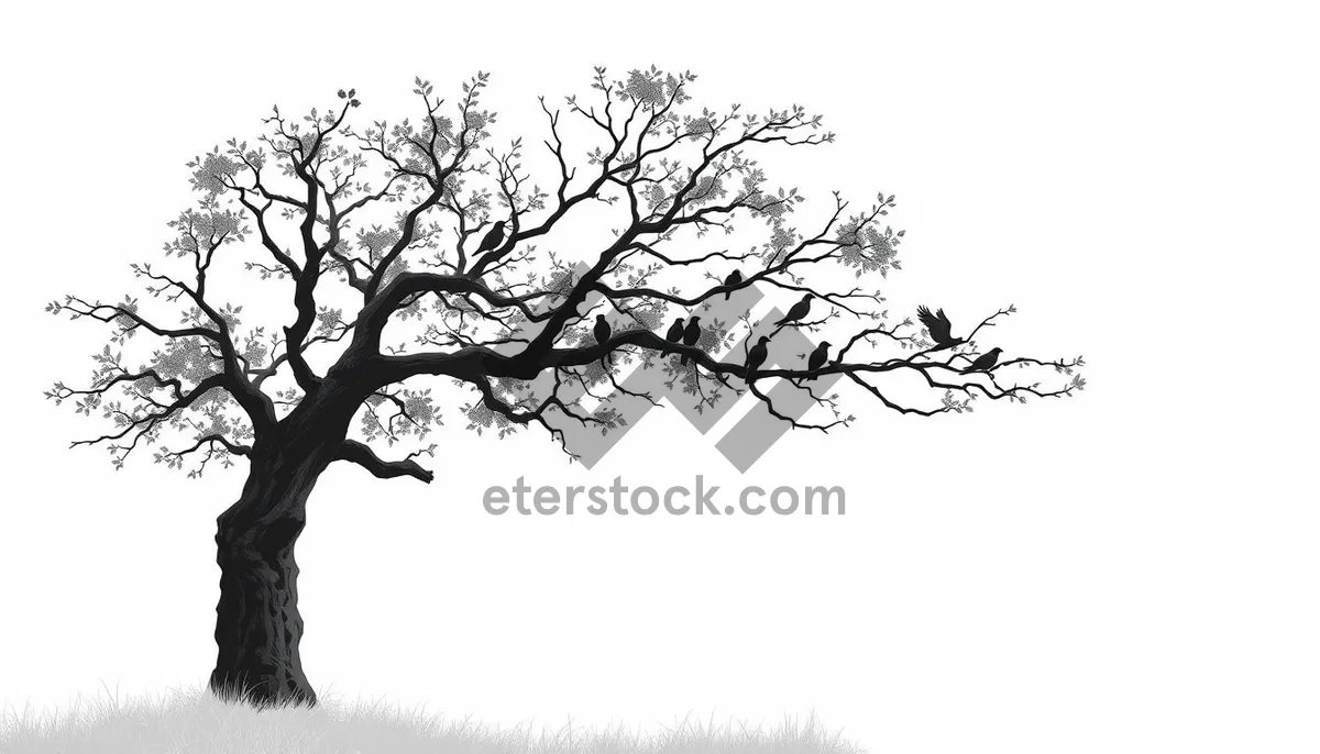 Picture of Black Oak Tree Silhouette Design with Branches and Leaves