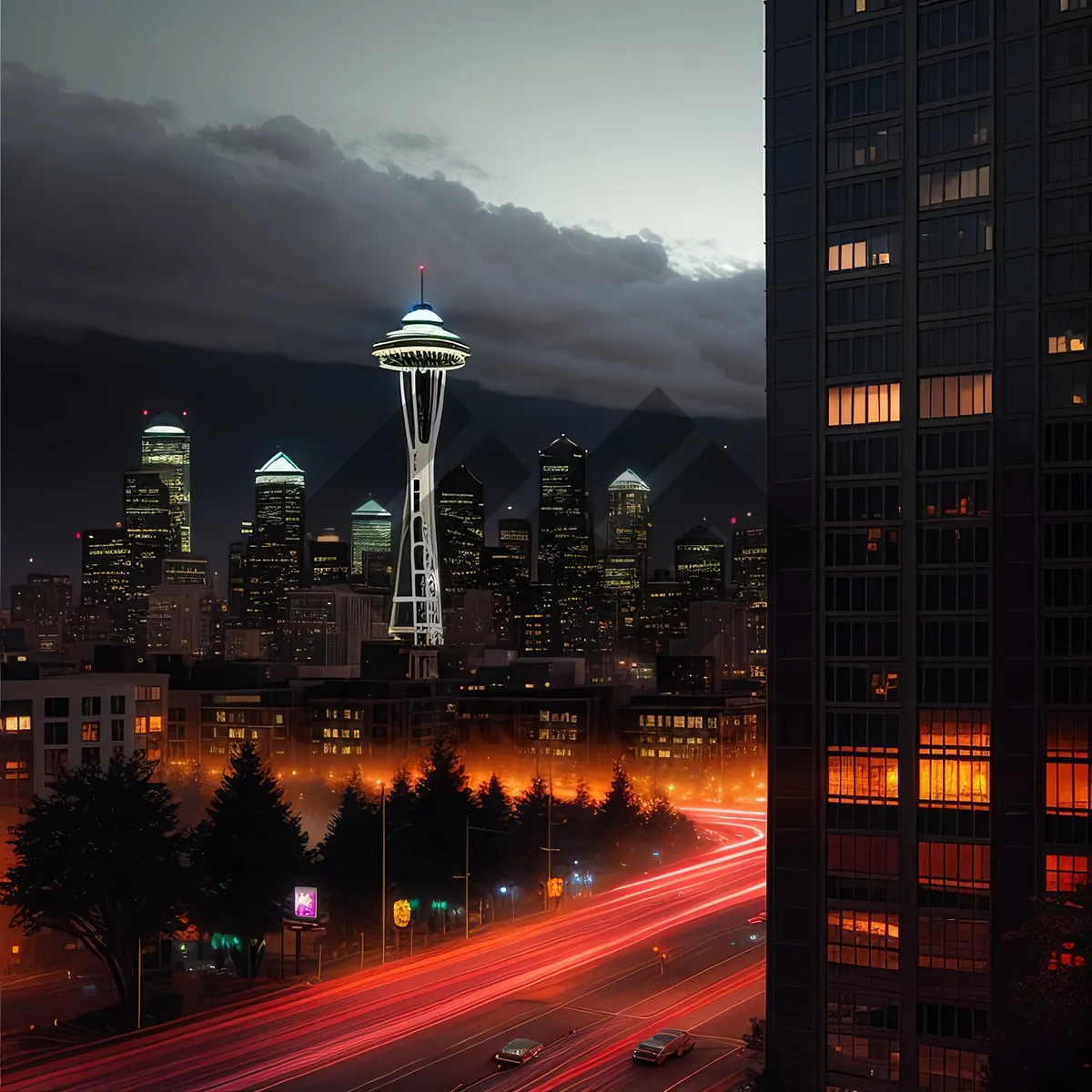 Picture of Nighttime City Skyline with Modern Skyscrapers