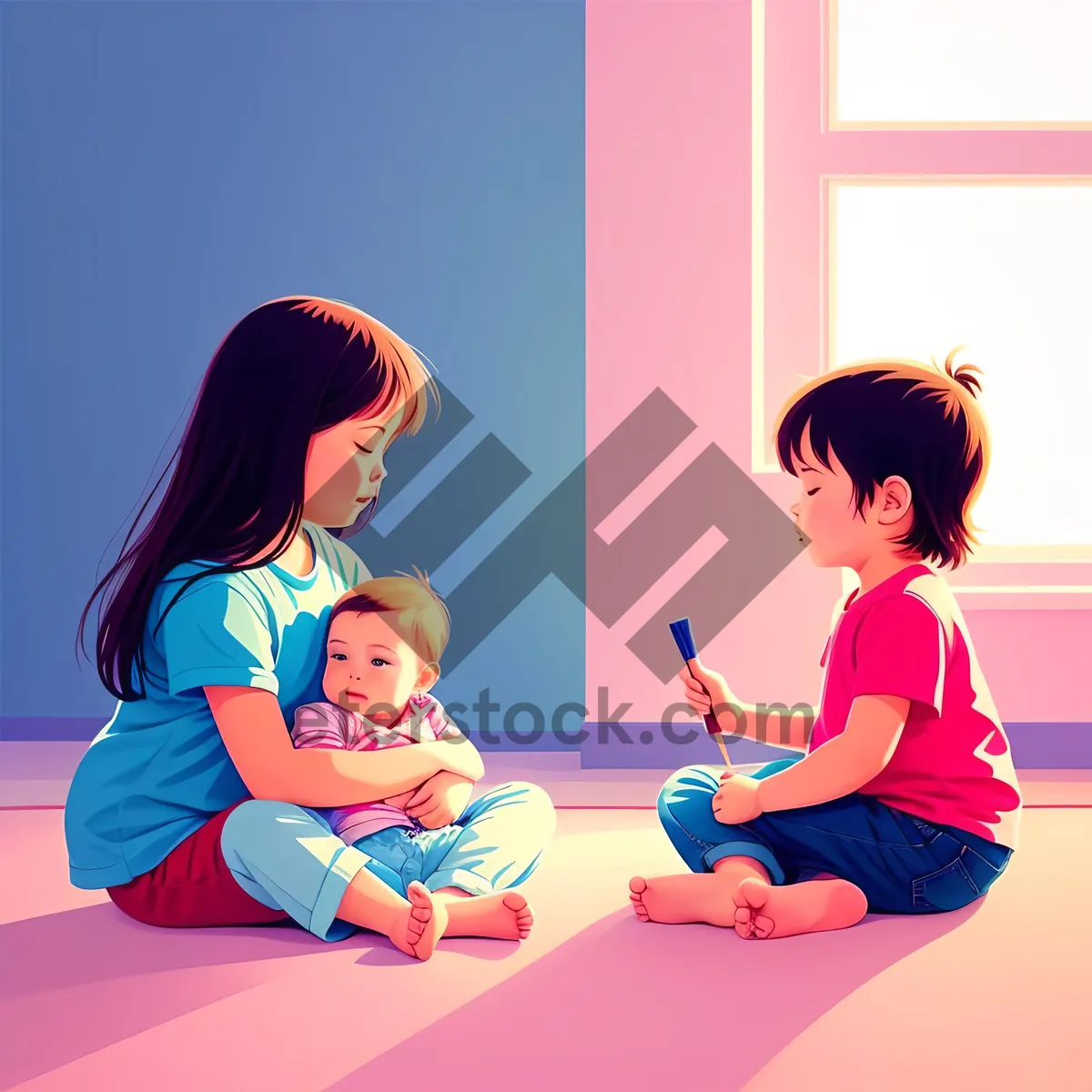 Picture of Happy Cartoon Mother and Child Holding Hands