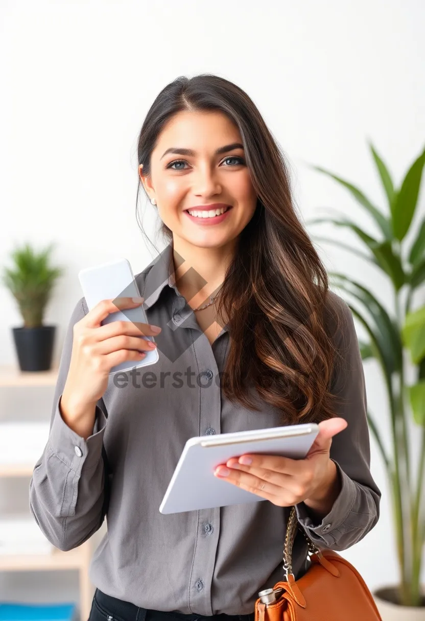 Picture of Happy businesswoman working on laptop in office corporate setting.