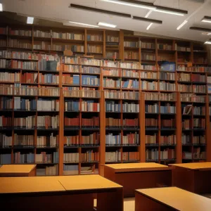 Modern library interior with colorful bookshelves and table