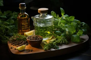 Fresh herbal oil in glass bottle with parsley and basil leaves.