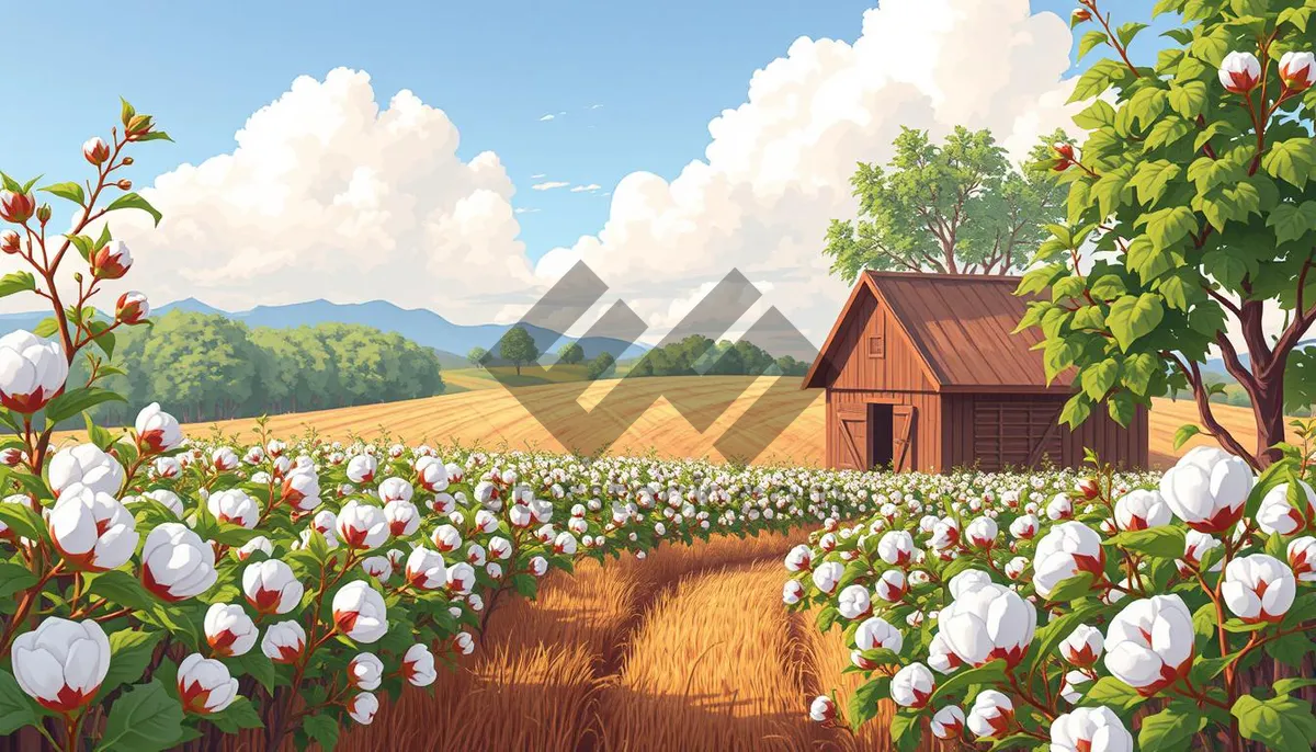 Picture of Rural house with tulip garden under blue sky
