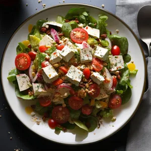 Healthy Vegetable Salad with Cheese and Olive Dressing
