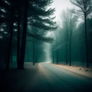 Misty Forest Path Illuminated by Sunlight