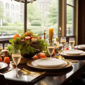 Luxurious dining table setting with elegant glassware and wine