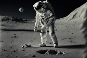 Outdoor male golfer in space suit playing golf