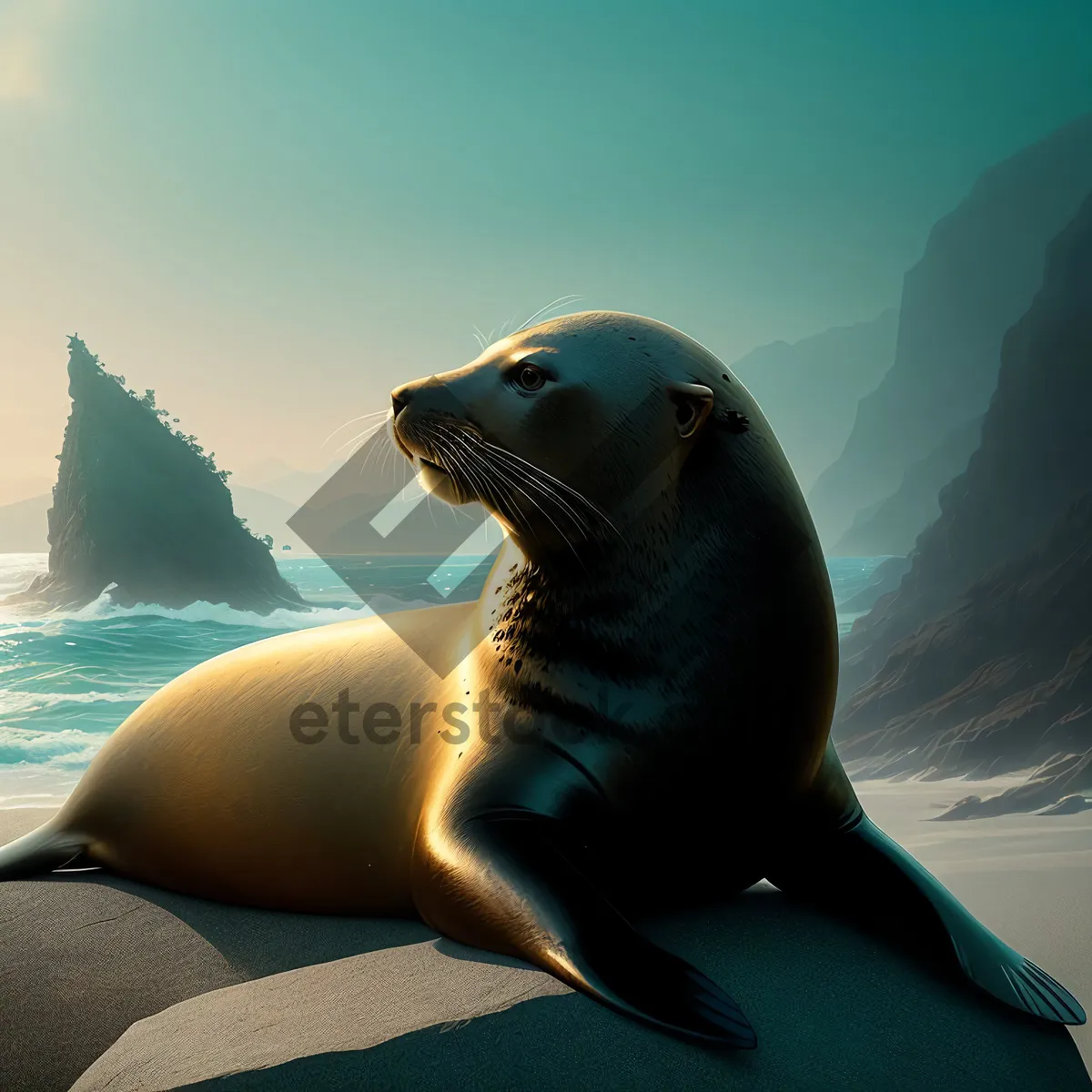 Picture of Splashing Arctic Seal on Sandy Beach