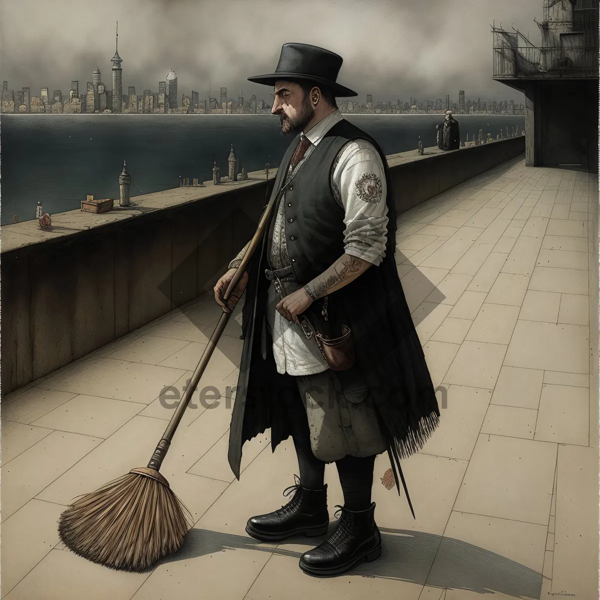 Picture of Man with Broom Cleaning in Hat