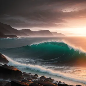 Tranquil Beach Sunset Over Ocean