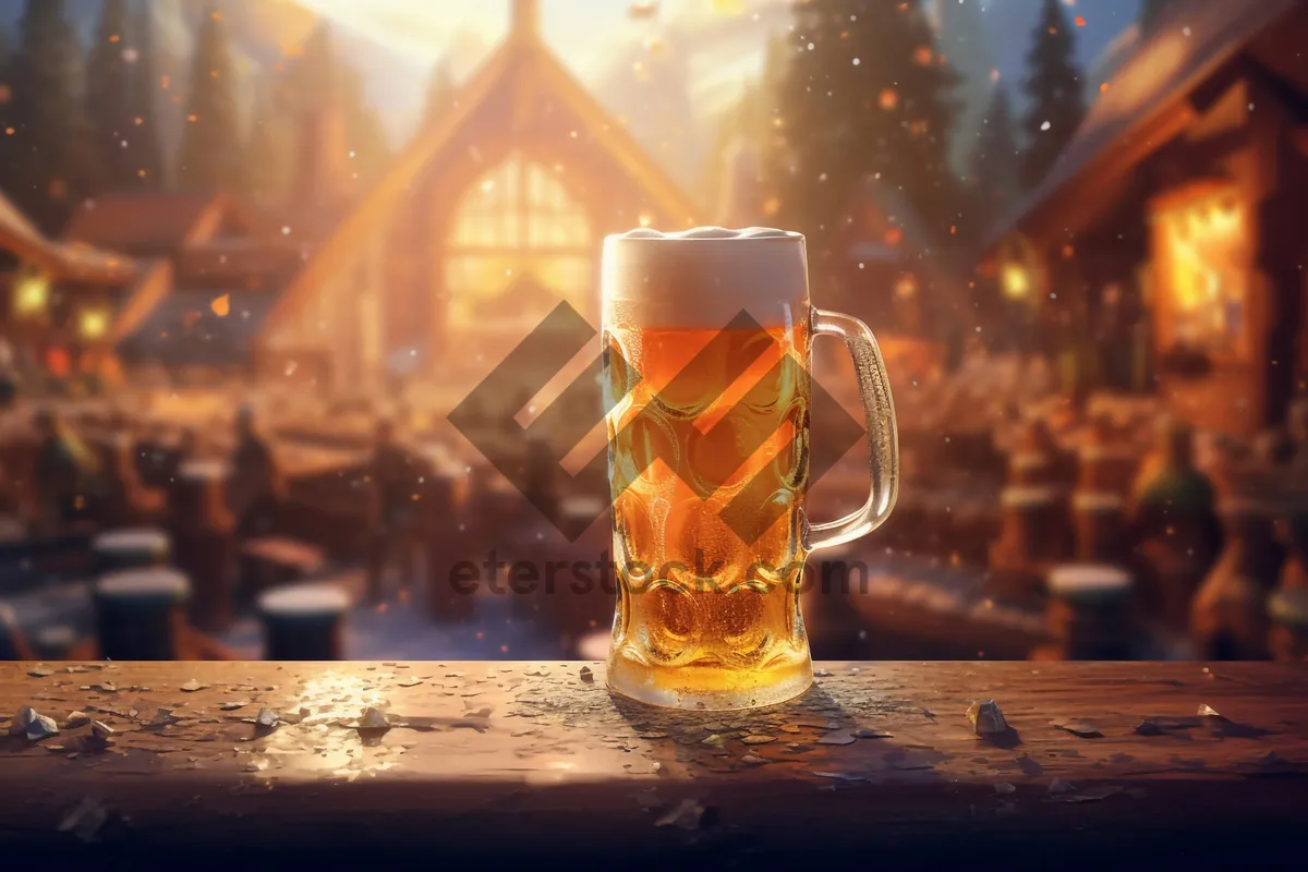 Picture of Frosty Beer Glass with Golden Bubbles at Party