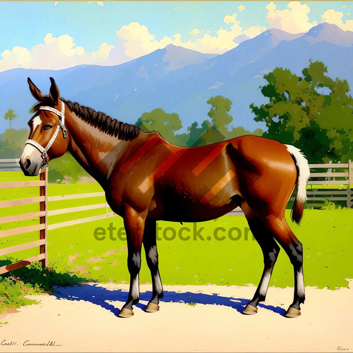 Picture of Majestic Brown Thoroughbred Stallion Grazing in Rustic Pasture