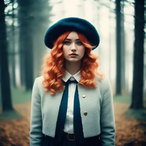 Happy brunette model in stylish hat smiling