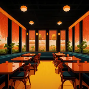 Modern luxury restaurant interior design with wooden furniture and chairs.