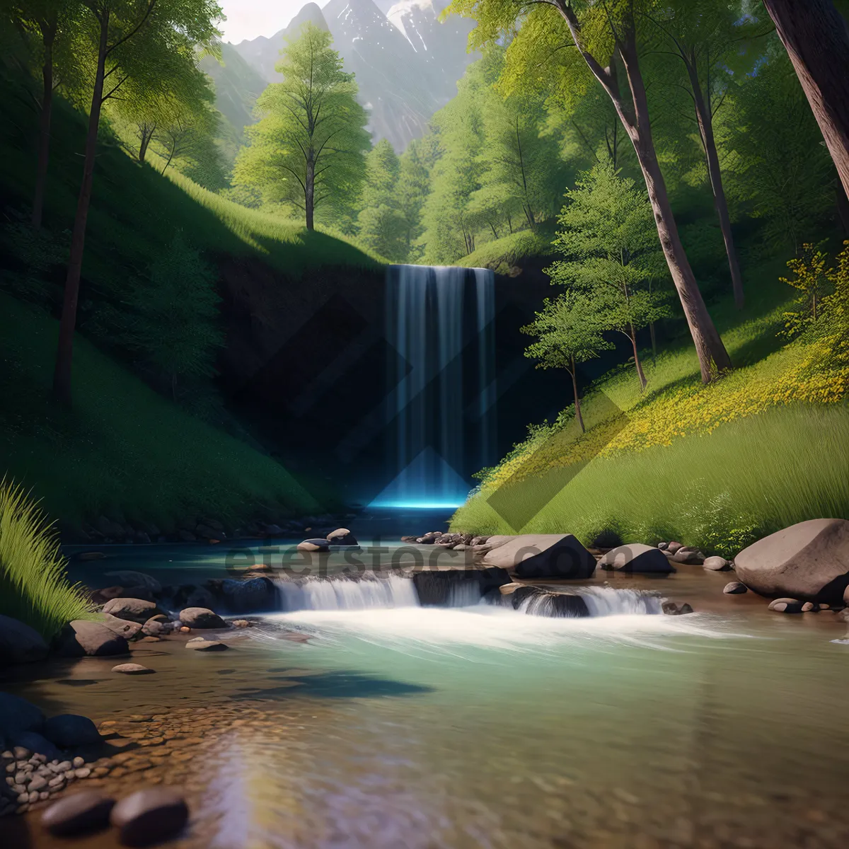 Picture of Serene River Cascade Through Lush Forest