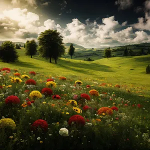 Idyllic Spring Field with Colorful Tulips and Poppy