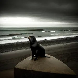 Playful seal and majestic penguins by the ocean