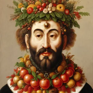 Comedian with Healthy Fruits: Apple, Orange, and Grapes