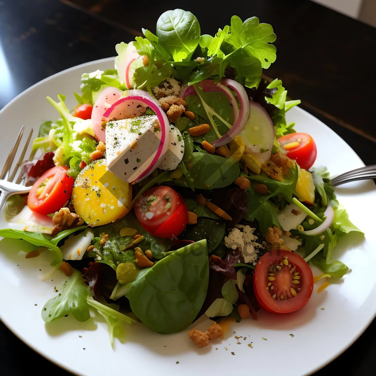 Picture of Gourmet plate with fresh organic vegetables and cheese.