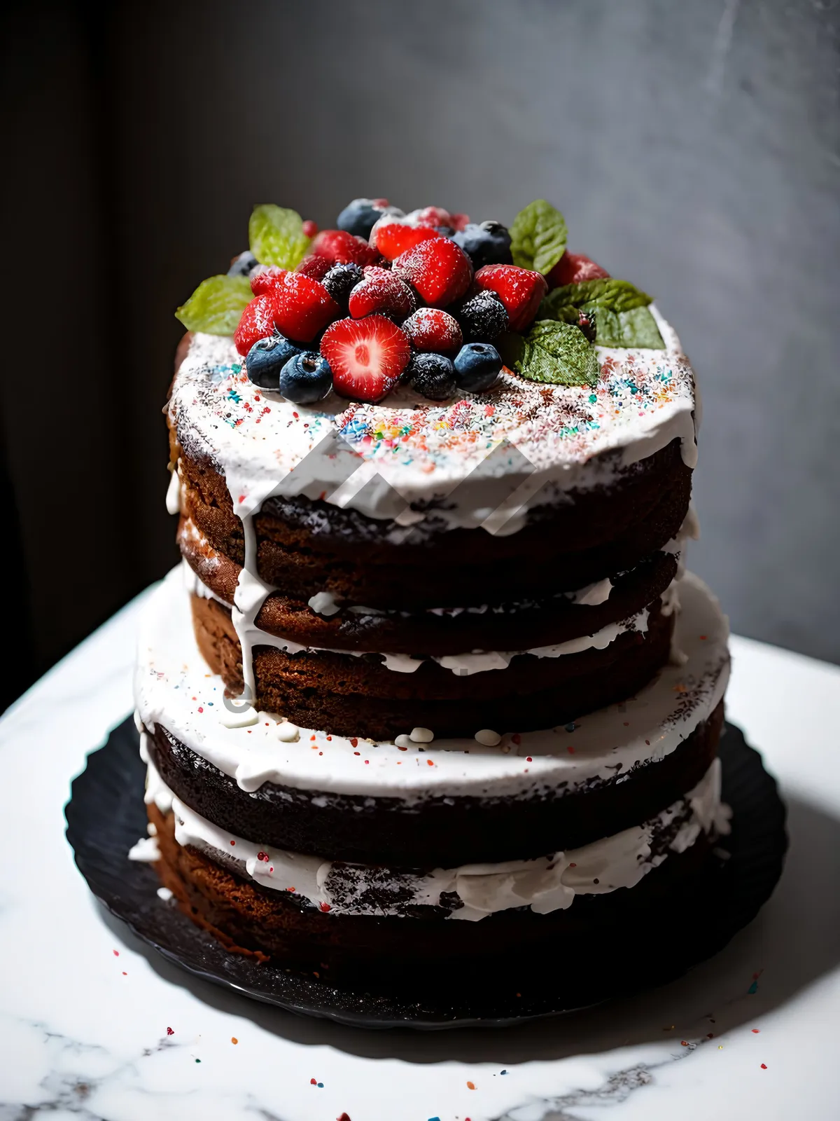 Picture of Delicious Berry Chocolate Cake with Fresh Mint