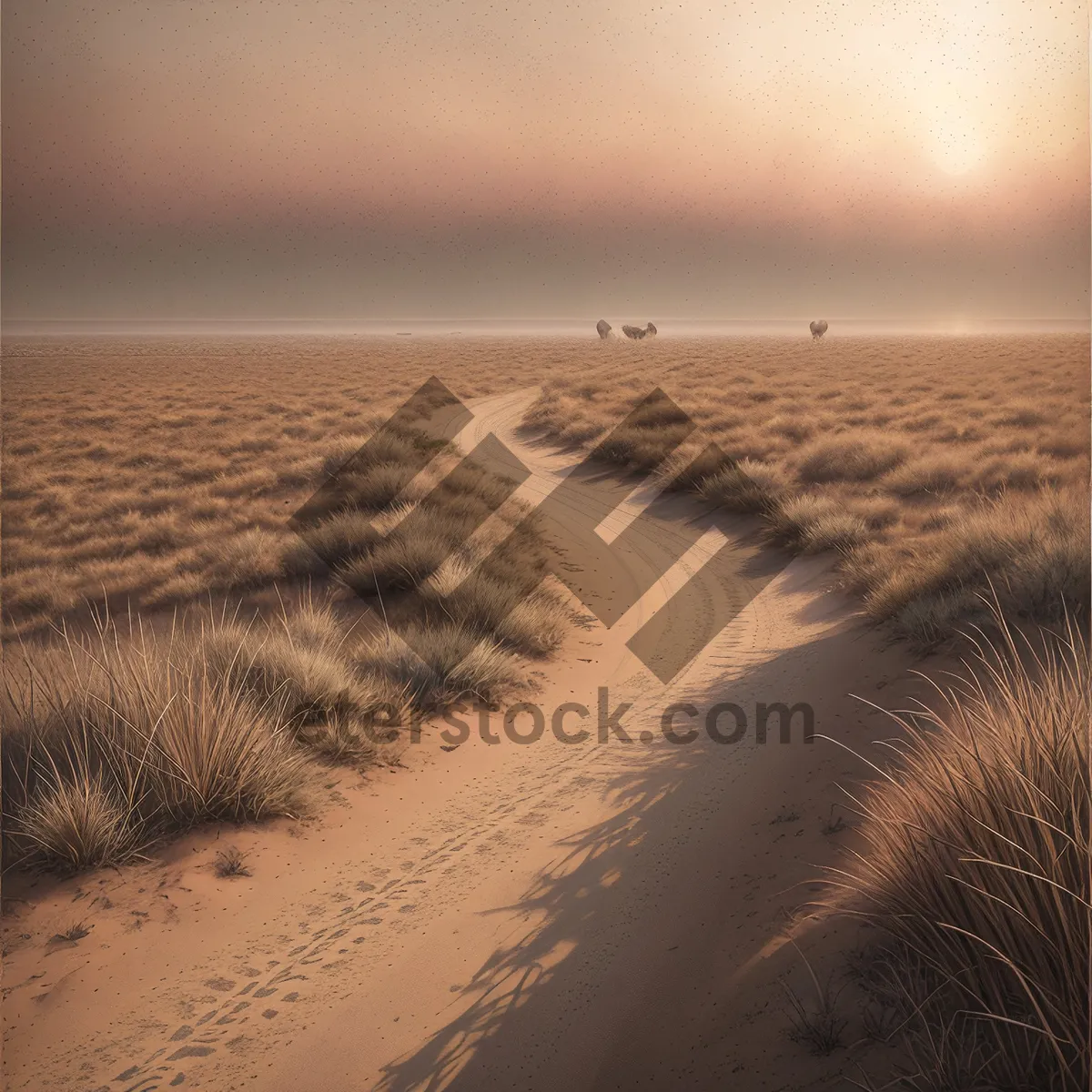 Picture of Sandy Beach Sunset: Tranquil Coastal Landscape with Water and Sky
