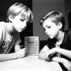 Smiling Blond Model with Laptop and Happy Sibling