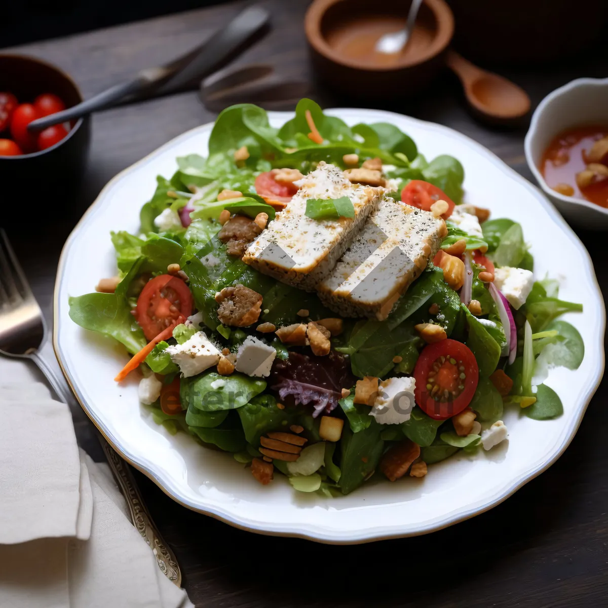 Picture of Gourmet cheese plate with fresh vegetables and sauce.