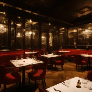Modern restaurant dining hall interior design with wooden chairs