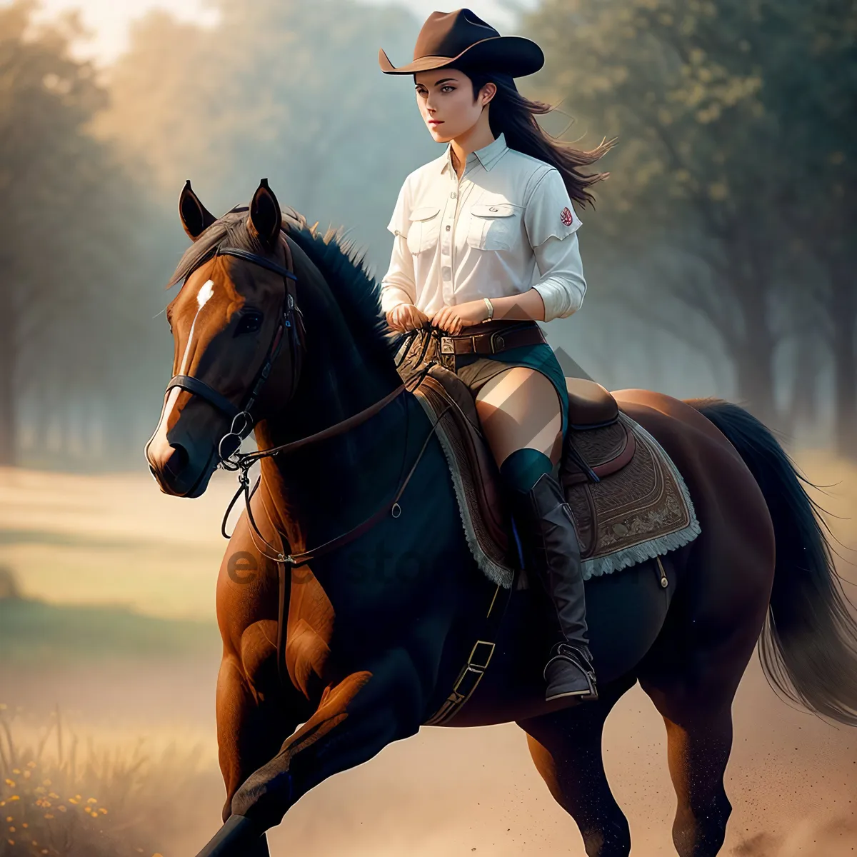 Picture of Brown Stallion Riding with Sidesaddle