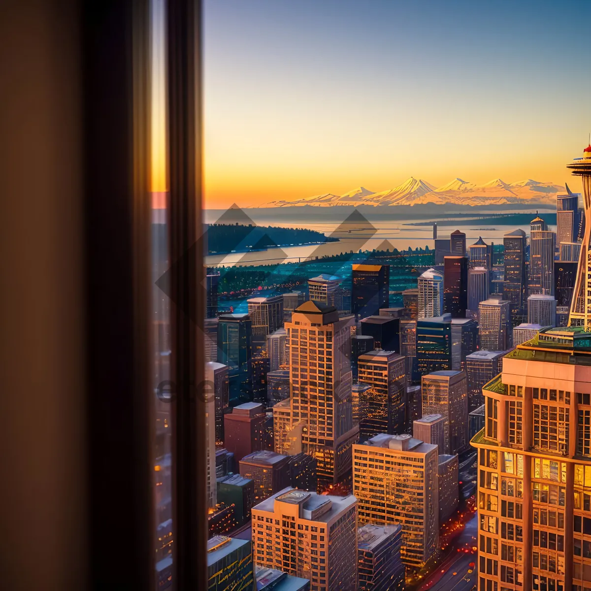 Picture of Cityscape at Sunset: Modern Skyscrapers by the Waterfront