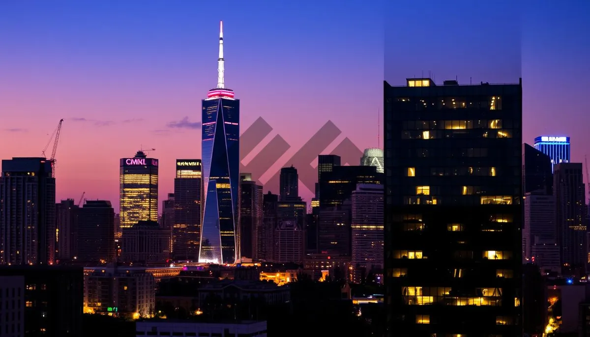 Picture of Modern skyline at dusk with illuminated office buildings.