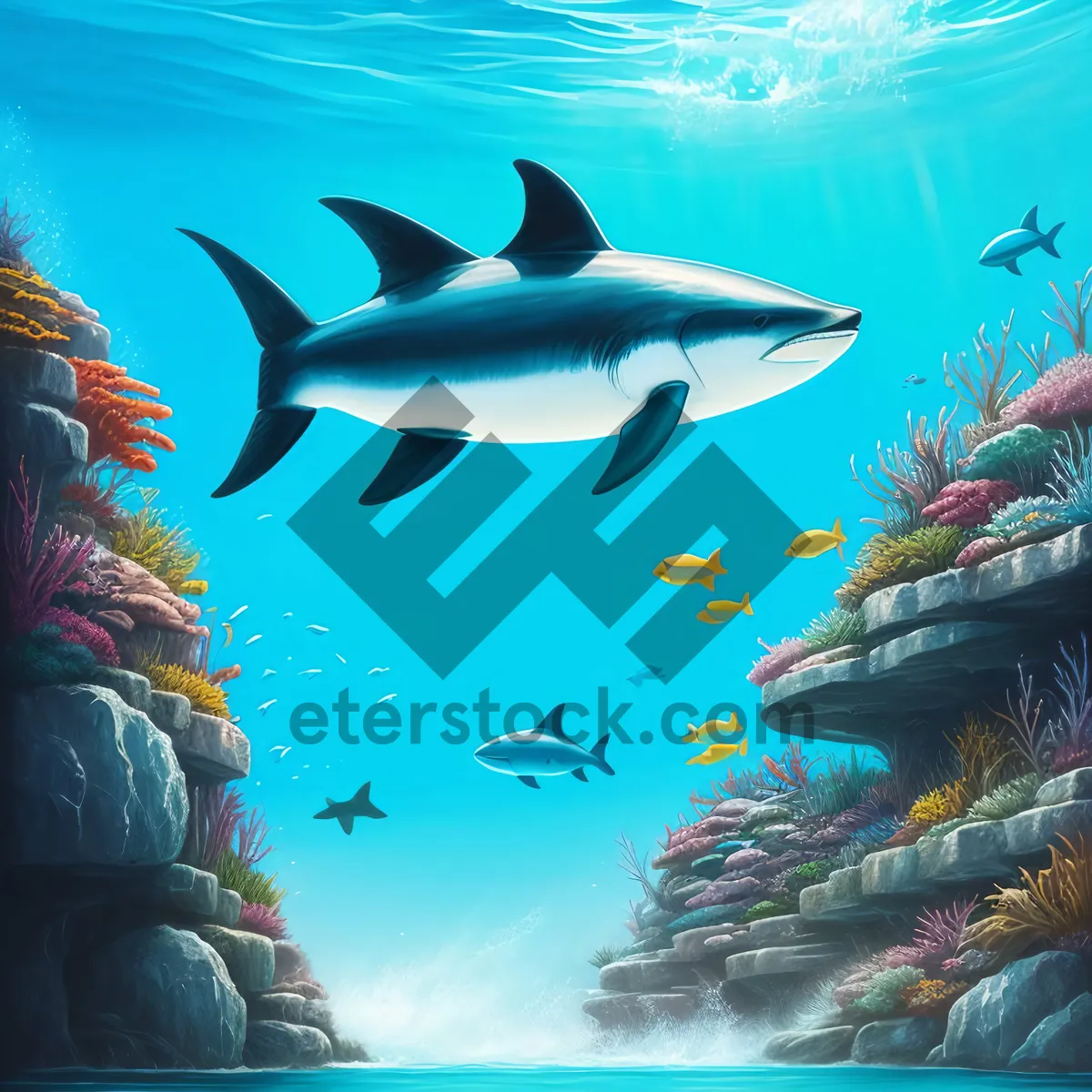 Picture of Underwater Tropical Reef with Hammerhead Shark