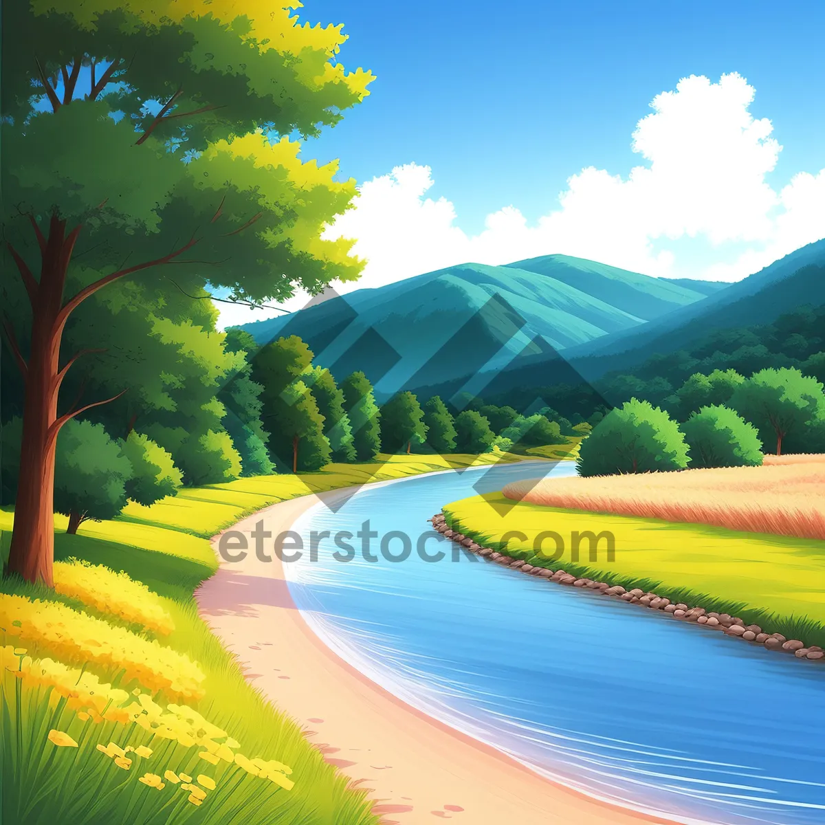 Picture of Idyllic countryside landscape with clear sky and lush green meadow