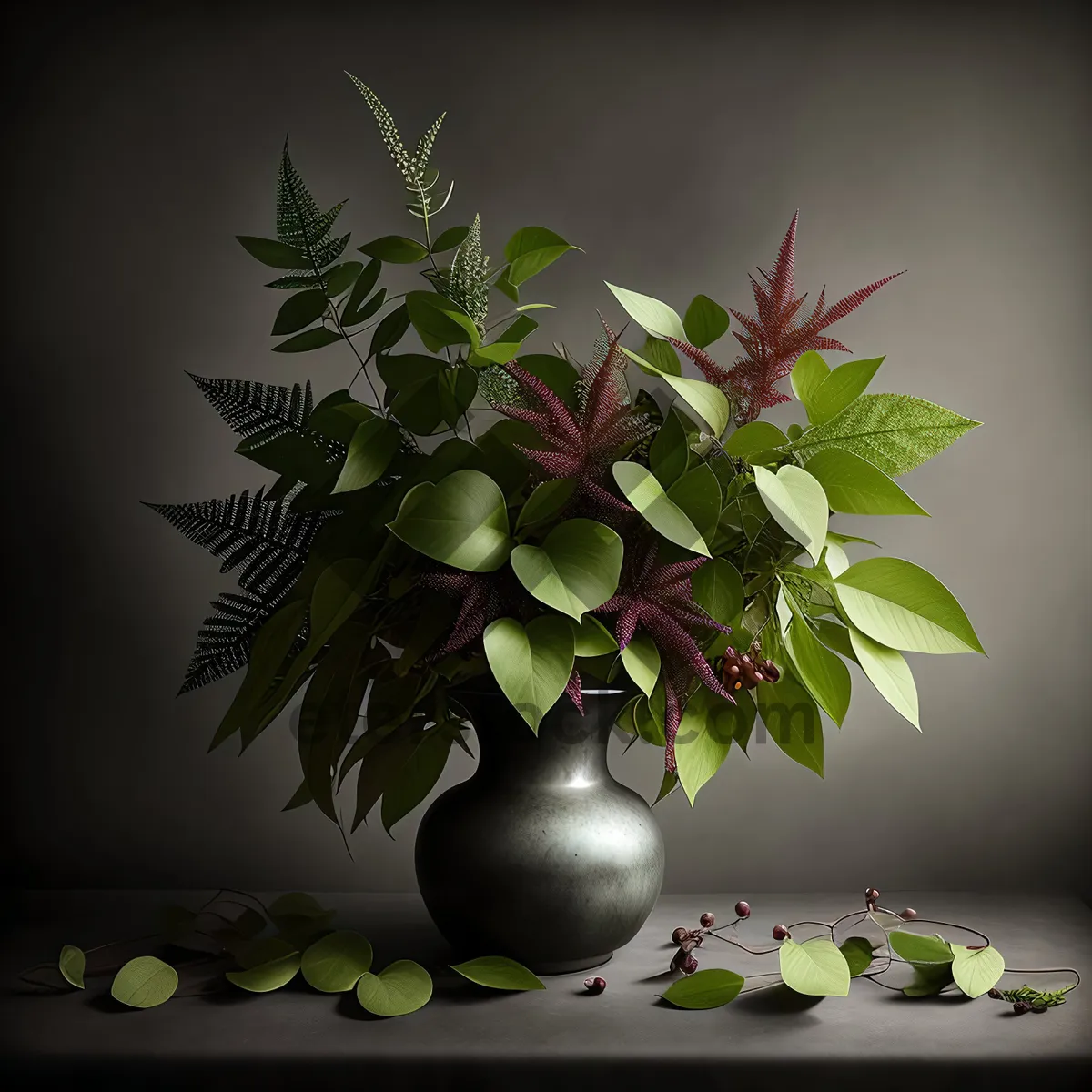 Picture of Evergreen Leaf Branch with Fresh Holly in Vase