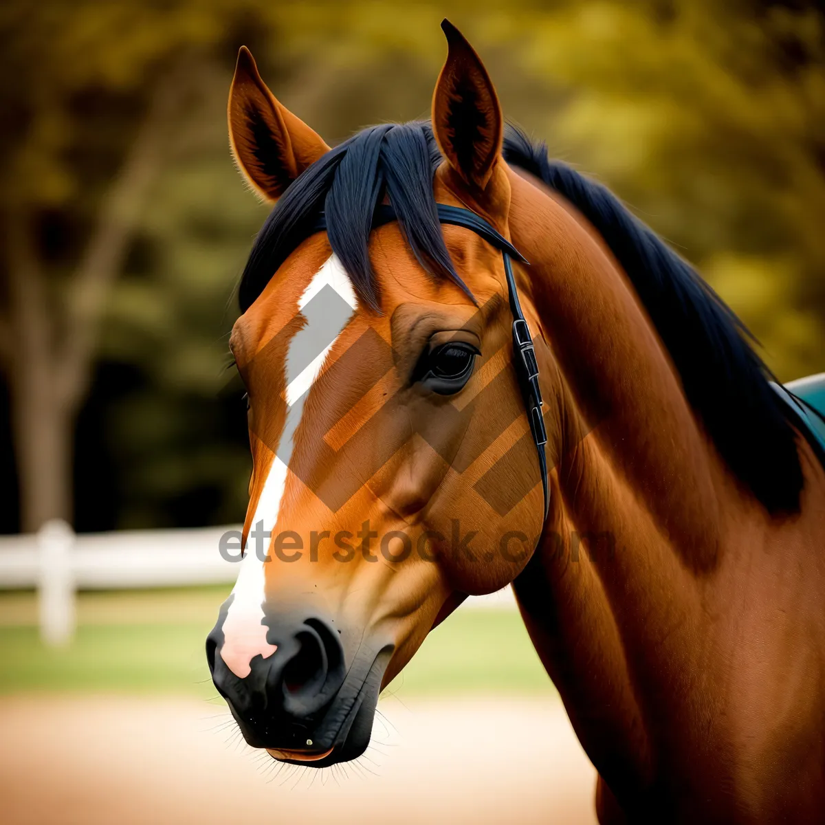 Picture of Beautiful Brown Thoroughbred Stallion Grazing in Field