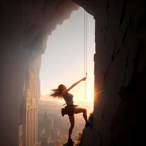 Adventurous Climber Conquering Cave's Cliff with Rope