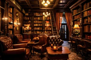 Vintage bookstore interior with wooden furniture and chairs