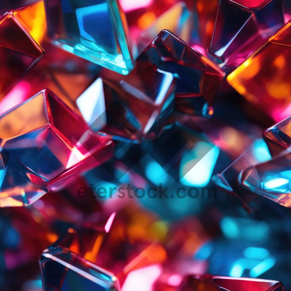 Picture of Bright colourful image of a variety of glass objects of different shapes and structures in neon colours. Background and texture. Light and colour.