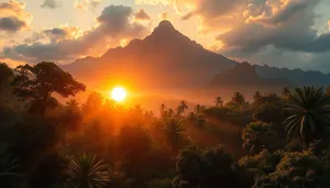 Silhouetted mountain at orange sunset horizon.