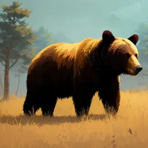 Wild Brown Bear in Grass Field