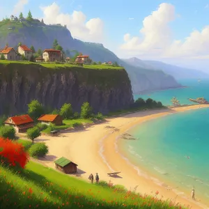 Tropical island paradise: beach, sun, sea, waves.