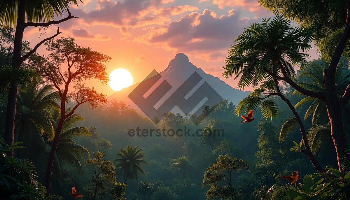 Picture of Tropical sunset over beach with palm trees.
