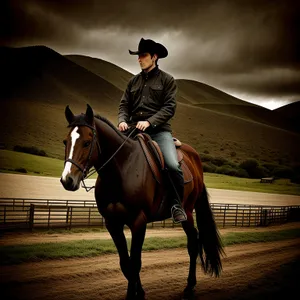 Brown Stallion Riding with Cowboy on Ranch