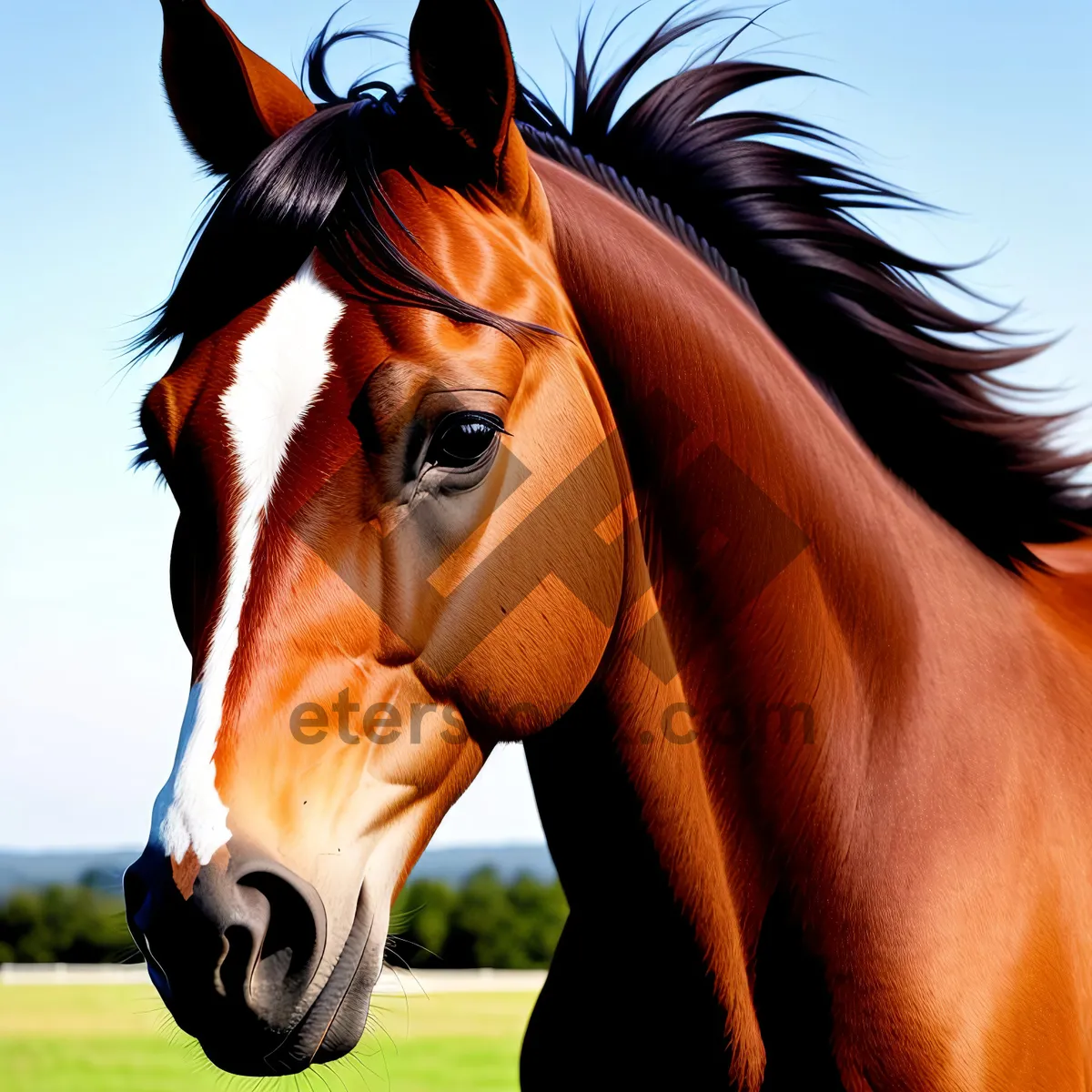 Picture of Magnificent Chestnut Stallion Grazing in Pasture.