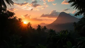 Silhouette sunset over mountain landscape horizon.