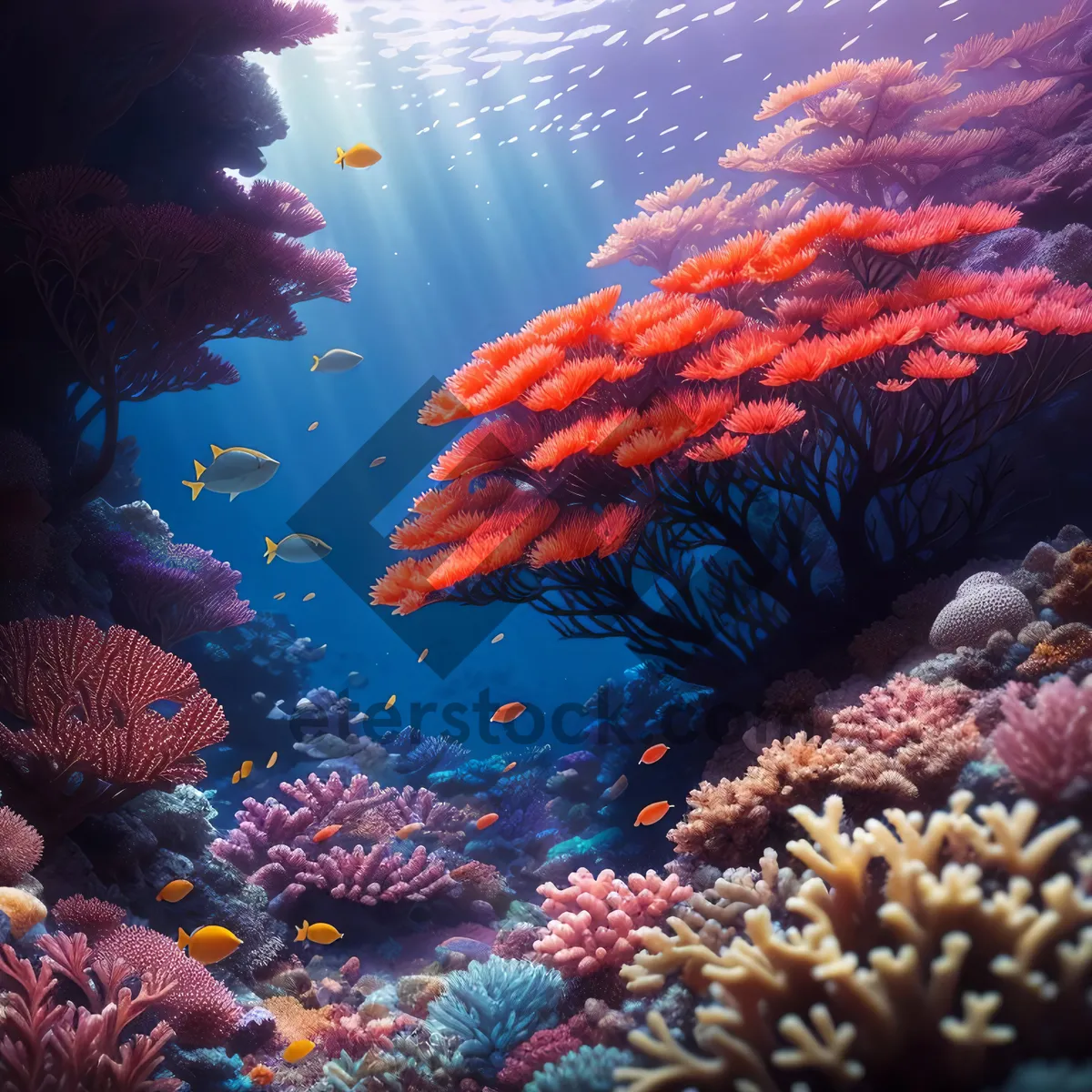Picture of Colorful Coral Reef with Exotic Marine Life and Sunbeams