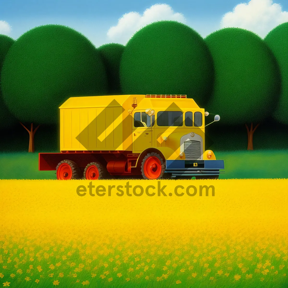 Picture of Vibrant Skyline with Colorful Machinery in a Rural Landscape