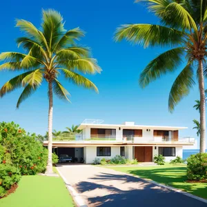 Tropical Beach Paradise: Palm Trees and Clear Blue Ocean